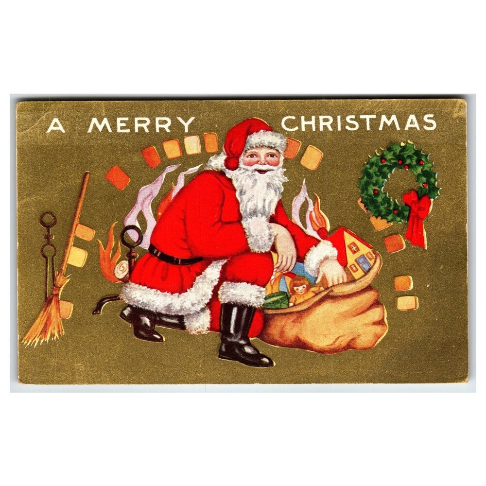Vintage Whitney Made Embossed Santa Claus Christmas Postcard Fireplace Toys